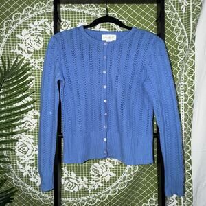 Sutton Studio 100% Cashmere Pointelle Knit Cardigan Sweater Blue Medium